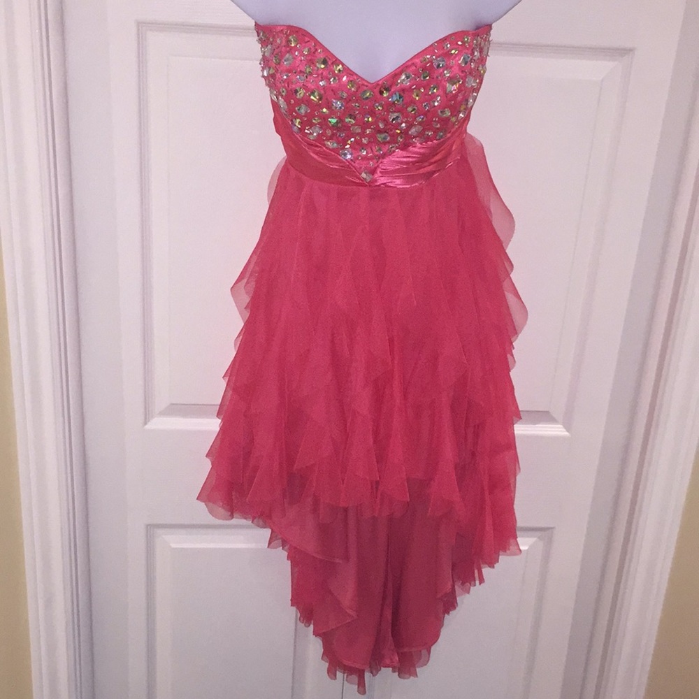 Deb Ladies Strapless High Low Ruffled Formal Prom Dress Pink Size 11/12